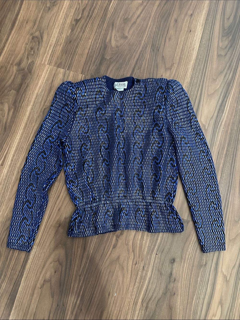 St. John Structured Knit Peplum Sweater Top - Blue and black long sleeve top